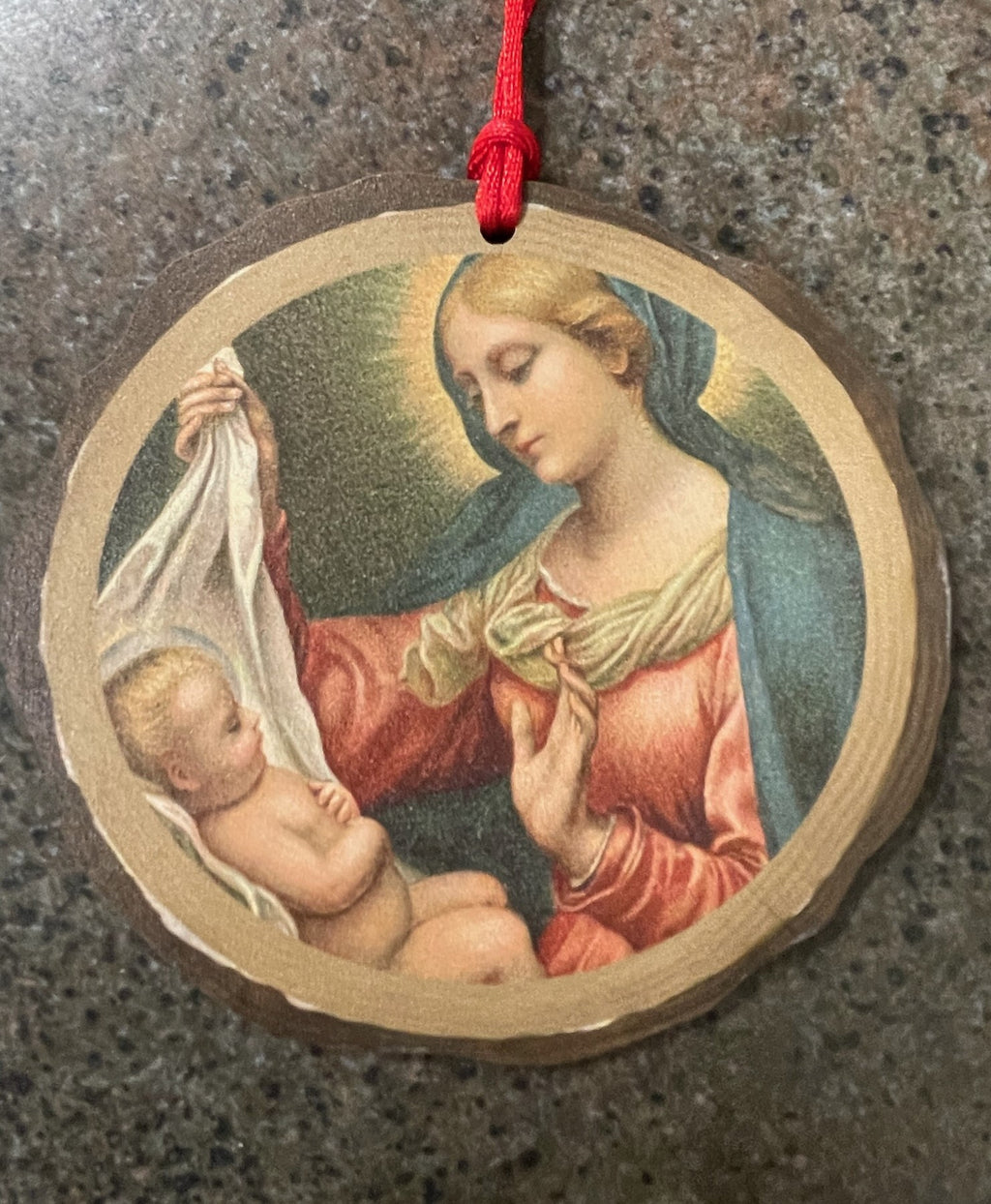 VINTAGE MADONNA HOLLY WOOD ORN