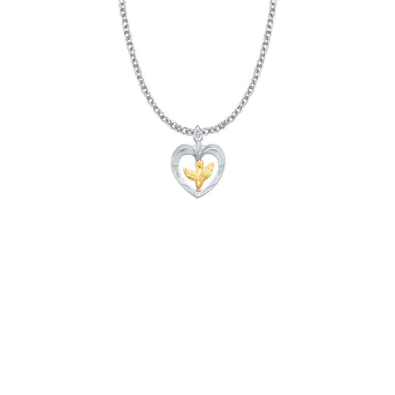 SS HEART W/GP DOVE CHAINED/BOX
