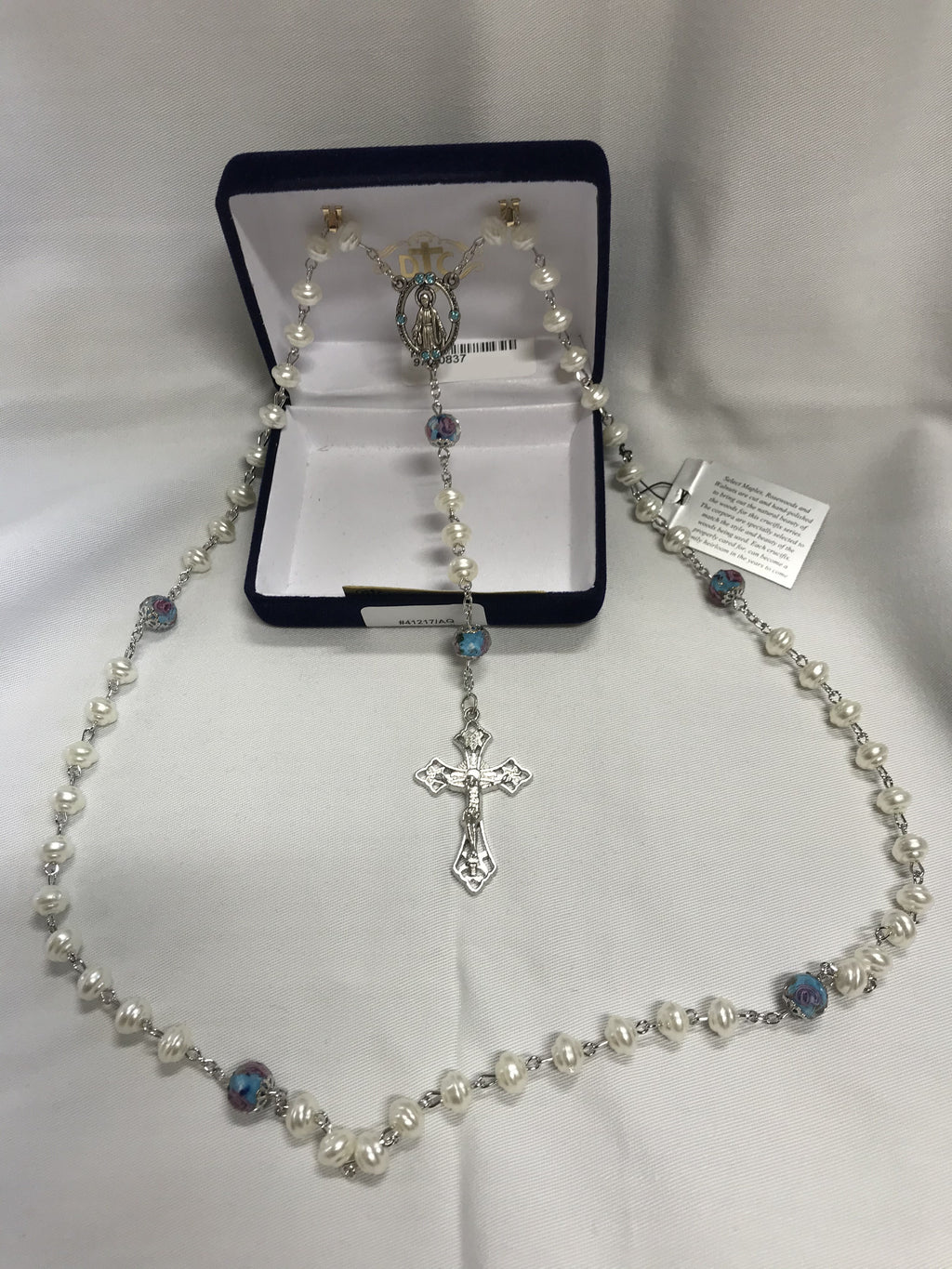 PEARL W/AQUA LAMPWORK ROSARY