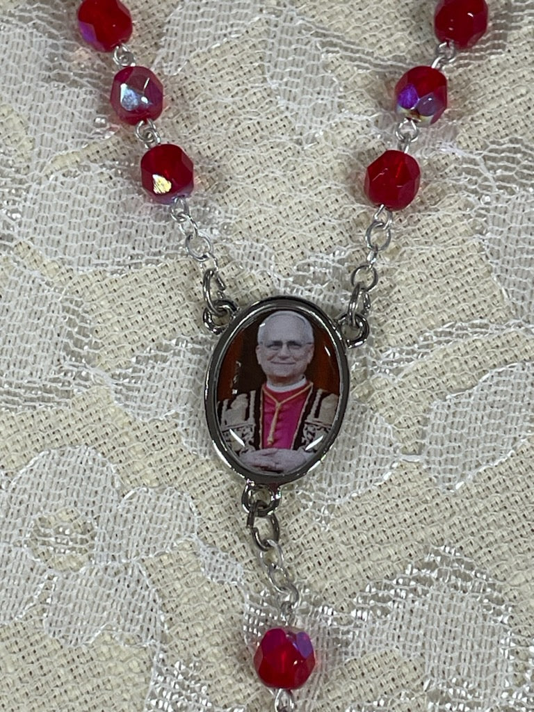POPE LEO XIV RED PHOTO ROSARY
