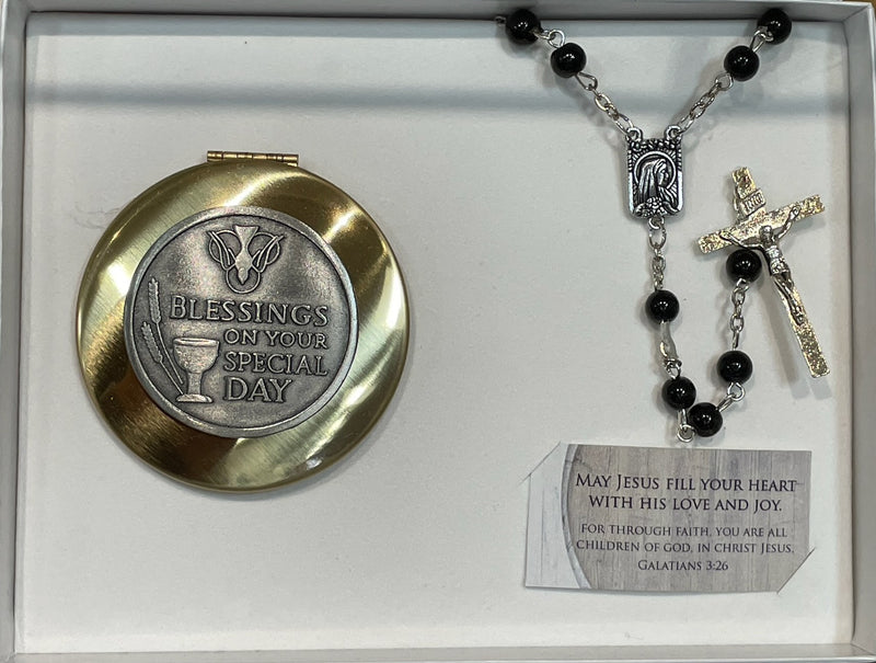 BLACK ROSARY AND KEEPSAKE SET
