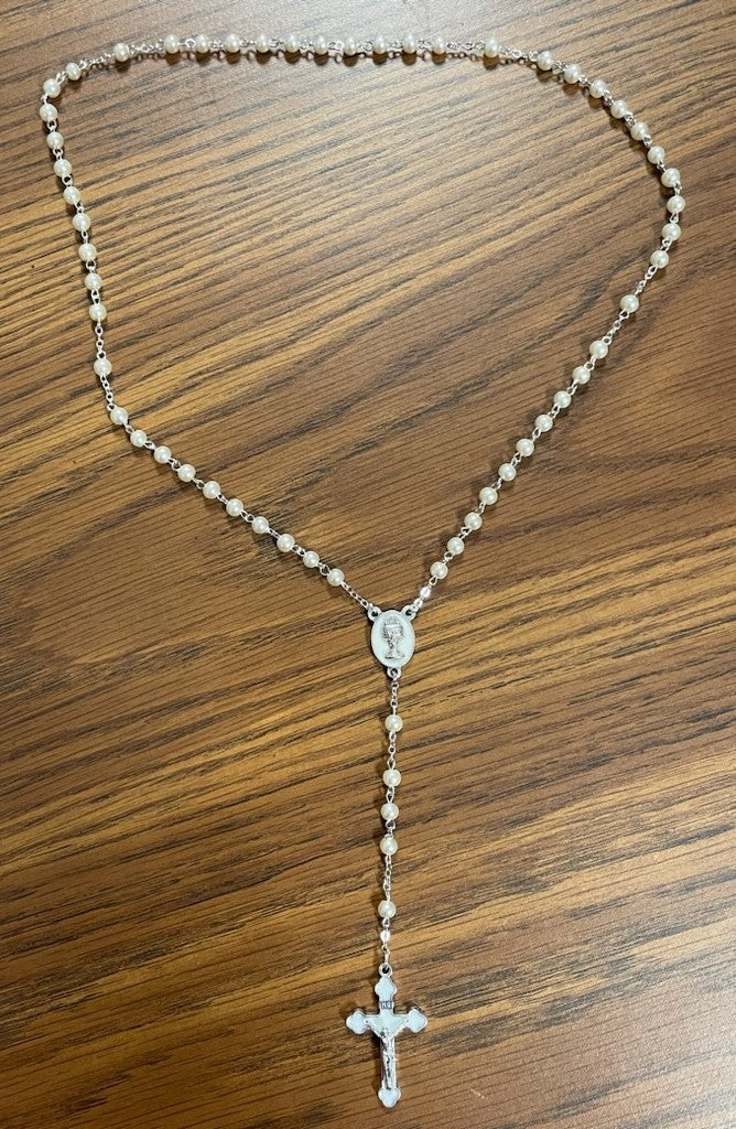 WHT PEARL ENAMEL CRUCIFIX COMM