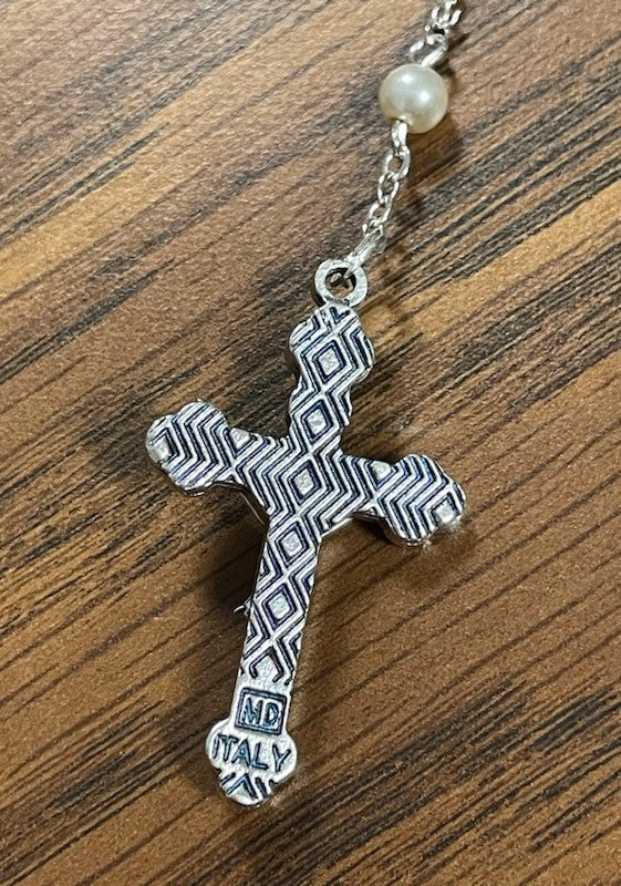 WHT PEARL ENAMEL CRUCIFIX COMM