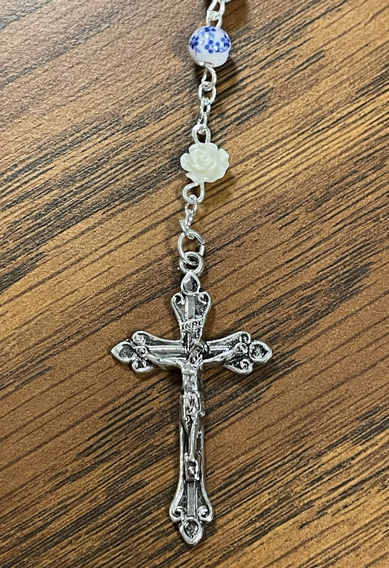 6MM BLUE CERAMIC FLOWER ROSARY