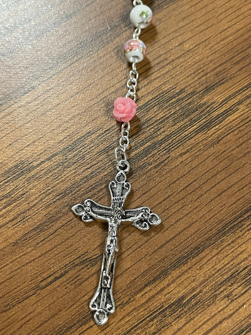 6MM PINK FLOWER BEAD ROSARY