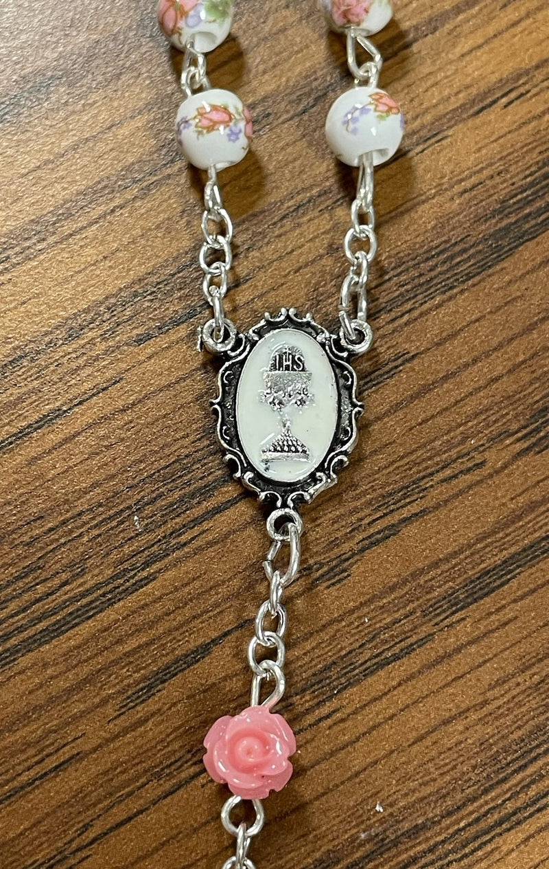 6MM PINK FLOWER BEAD ROSARY