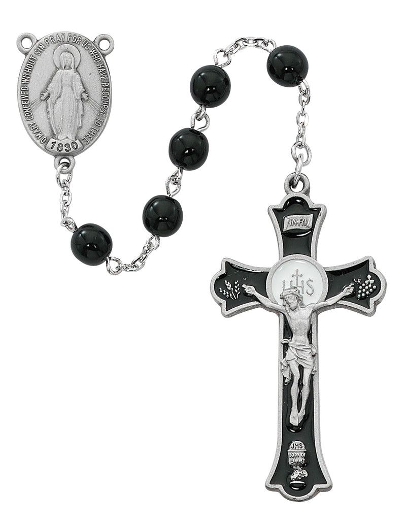 7MM PEWT BLACK GLASS ROSARY